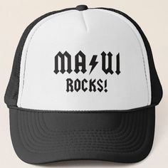 Maui Rocks!  Hawaii Trucker Hat - Maui Souvenir - Black Beach Cap - Rocker Heavy Metal Lover Hat - Maui Hawaii Gift - Mesh Foam Trucker Hat.   Aloha Isle Creations Maui. Choose black, blue or pink hat bill with black lettering on white. Rock out on the beaches or in the jungles of Maui wearing our soft and comfortable, Maui trucker hat with the Maui letters in a style that is a parody to a famous, heavy metal rock band. It's also a cool souvenir and keepsake to wear back at home to remember your awesome, Maui Hawaii trip! Classic, 5-panel trucker hat. 100% polyester foam front with mesh back and adjustable snapback. Unisex. One size fits most.  Hand wash only.  Air dry. Hat designed on Maui, Hawaii with aloha by artist, Steven Shaver. Copyright 2021. Hat printed and shipped buy Zazzle, not Heavy Metal Lover, Hawaii Gift, Hawaii Trip, Black Beach, Heavy Metal Rock, White Rock, Hat Print, Pink Hat, Maui Hawaii