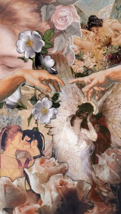 an artistic painting with flowers and angels on it