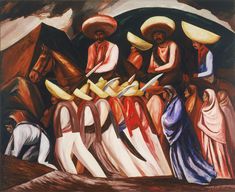 an oil painting of people with hats on and holding knives in front of a pile of bananas