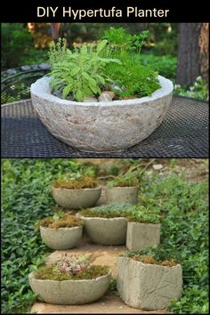 the planter is made out of concrete and has plants growing in it