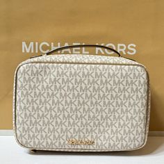 New With Tag Michael Kors Jet Set Travel Large Hanging Toiletry Case Travel Pouch Pvc Mk Signature Vanilla/Gold Pale Gold Multi 100% Authentic Retail: $398.00 Plus Tax *Please See The Measurement For The Size* No Dust Bag Zip Closure 1 Slip In Pocket At Exterior Back Michael Kors Logo At Front Gold Toned Hardware Custom Fabric Lining 4 Slip In Pockets 1 Zipper Pocket 9.75" (L) X 6.6"(H) X 3.75"(D) Very Clean, Smoke-Free And Pet-Free Environment Michael Kors Cosmetic Bag, Michael Kors Logo, Vanity Bag, Pale Gold, Travel Pouch, Kors Jet Set, Travel With Kids, Michael Kors Jet Set, Jet Set