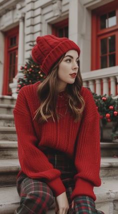 Christmas Sweater Outfit Cute, Cute Ugly Christmas Sweater Outfit, Outfit Navidad, Red Christmas Outfit, Christmas Outfits Dressy, Christmas Sweater Outfits