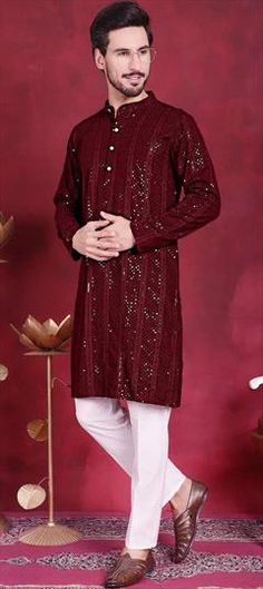 Red and Maroon color Kurta Pyjamas in Rayon fabric with Embroidered work Red Kurta With Mirror Work For Eid, Red Mirror Work Kurta For Eid, Red Long Sleeve Traditional Wear With Traditional Patterns, Red Kurta With Motifs For Eid, Red Motif Kurta For Eid, Red Long Sleeve Kurta With Motifs, Red Motif Kurta For Festive Occasions, Festive Red Kurta With Motifs, Red Sets With Motifs For Eid