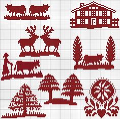 the cross stitch pattern shows different types of christmas decorations and trees, including santa's sleigh