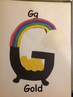 the letter g is for gold with a rainbow and clouds above it on a white background