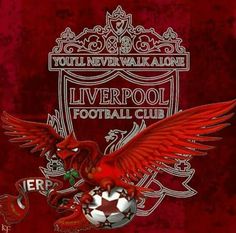 the liverpool football club logo on a red background with an eagle holding a soccer ball