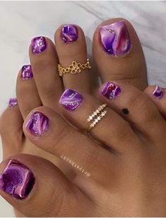 Gold Toe Nails, Purple Toe Nails, Purple Toes, White Blossom, Acrylic Toes