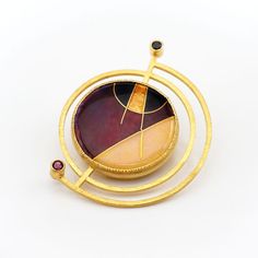 24kt gold cloisonne enamel pin pendant Vitreous Enamel, Deep Plum, Warm Yellow, Silver Jewels, Pin Pendant, Rhodolite Garnet, Black Spinel, Garnet Gemstone, Gold Accents