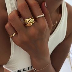 Let your fingers do the talking. Perci's slim signet design, with engraved two-word moods, is a chic and cheeky way to make your feelings known. Worn alone or among your daily ring stack, this reimagined classic plays well with all your jewelry. Choose from 4 ring sizes for your fingers or pinkie. Incorporating a luxury 14 karat gold plating over a solid sterling silver base, this Adorn Luxe ring has a beautiful ‘demi-fine’ jewelry finish. Pinky Ring Aesthetic, Pinky Ring Gold, Pinky Finger Ring, Jewelry Stack, Mood Ring, Luxe Jewelry, Jewelry Accessories Ideas, Ring Stack, Gold Ring Stack