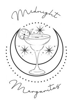 a margarita cocktail with an orange slice on top and the words midnight margaritas written in cursive writing