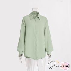 Button Turndown Collar Blouse Green Button Closure Blouse For Office, Green Office Blouse With Button Closure, Green Button-up Blouse For Office, Casual Collared Blouse With Back Button Closure, Trendy Solid Button-up Tops, Relaxed Fit Long Sleeve Blouse With Back Button Closure, Casual Long Sleeve Blouse With Back Button Closure, Summer Long Sleeve Blouse With Back Button Closure, Solid Long Sleeve Tops With Back Button Closure