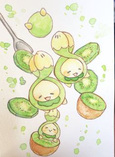 a drawing of kiwis with faces and spoon in the middle, surrounded by green leaves