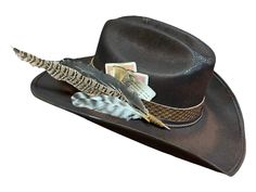 "This is the King of cowboy hats , it is a statement piece . We added one leather hat band and two more faux leather small hat bands . It has 2 playing cards and a personalized card with a \"quote\" our client liked . You might think the 3 feathers is two much but when adding them gracefully they make a great addition to the hat .  The hat was burned to give it that extra touch and texture make it look more rusty .  Please note that we do this hats made to order if we don't have the same specific leather , feathers or more we will make sure to send you options and wait for your approval .  Available sizes :  M (57-58cm)  L (59-60cm)  XL (61-62cm) colors are more limited for this size please send us a message before purchase ." Fancy Cowboy Hat, Custom Brown Felt Hat For Western-themed Events, Custom Brown Hat Bands For Kentucky Derby, Custom Brown Hat Band For Kentucky Derby, Custom Short Brim Hat For Western-themed Events, Custom Brown Top Hat For Western-themed Events, Vintage Brown Costume Hats For Rodeo, Vintage Brown Costume Hats And Headpieces For Rodeo, Custom Flat Brim Costume Hats For Western-themed Events