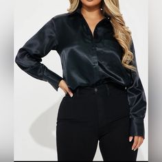 Satin Button Down Shirt, In Size S, With Long Sleeves, One Front Pocket And A Collar. Sleek Tops With Button Closure For Night Out, Sleek Long Sleeve Tops With Buttons, Sleek Tops With Buttons, Sleek Button-up Tops With Button Cuffs, Chic Black Blouse With Button Cuffs, Sleek Collared Top For Party, Long Sleeve Blouse With Button Cuffs For Night Out, Solid Color Long Sleeve Shirt For Night Out, Sleek Blouse With Button Closure For Night Out