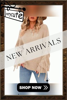 Khaki Round Neck Tasseled Long Sleeve Loose Sweater Winter Long Sleeve Tops With Tassels, Trendy Fringe Tops For Winter, Long Sleeve Tops With Tassels For Fall, Casual Beige Tassel Tops, Fall Long Sleeve Tops With Tassel Ties, Fall Beige Fringe Top, Loose Sweater, Ladies Tops Fashion, Round Neck