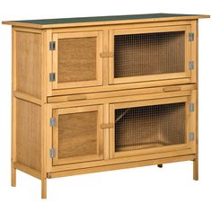 a wooden cabinet with two glass doors on the front and one door open to reveal an animal cage