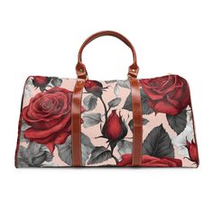 🌹A personalized travel bag featuring an enlarged toile design of red roses and their leaves against a blush pink background. Perfect for those who love floral patterns and want a stylish way to carry their essentials while traveling. Ideal for holidays, weekend getaways, and everyday use. 🌹 DETAILS 🌹 Additional space with one extra open pocket inside 🌹 Vibrant colors with bright and crisp printing techniques 🌹 Durable and lightweight high-grade nylon material 🌹 Waterproof for added protect Red Rectangular Weekender Bag For Trips, Red Rectangular Travel Bag For Weekend Trips, Red Floral Print Rectangular Bag, Red Floral Print Travel Bag, Red Rectangular Bag For Weekend Trips, Rectangular Rose Everyday Bag, Toile Design, Personalized Travel Bag, Travel Duffel