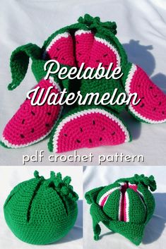 crocheted watermelon hat and booties are shown in three different views