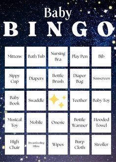 a baby shower game with stars and the words baby bingo written in white on it