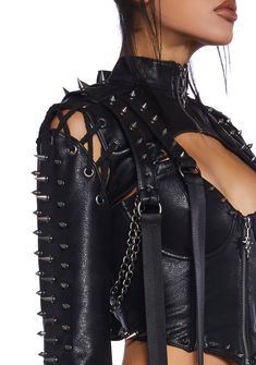 Darker Wavs Vegan Leather Shrug With Spikes And Rope Lace Ups - Black – Dolls Kill Leather Rockstar Outfit, Spikes On Clothes, Leather And Lace Photoshoot, Woman Gothic Fashion, Goth Leather Outfit, Wrestling Outfit Ideas, Leather Strap Outfit, Spike Clothes, Nightclub Outfit Black Women