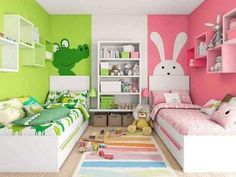 a child's bedroom decorated in pink, green and white