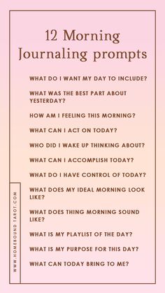 a pink poster with the words 12 morning journaling prompts on it and an image of