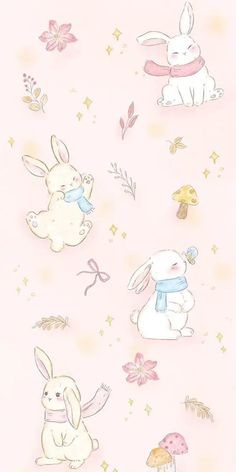 a pink background with rabbits and mushrooms on it's side, in pastel colors