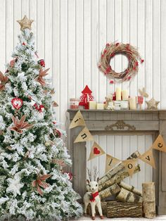 Rustic White Christmas Tree and Fireplace Photography Backdrop - Rustic white Christmas tree with burlap bows and a fireplace backdrop Bedrooms Decorations, Ideas Decoracion Navidad, Fireplace White, Photo Studio Backdrop, Theme Bedrooms, Christmas Tree And Fireplace, Christmas Backdrops For Photography, Rustic Decorating, Cottage Prints