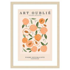 an art print with oranges and leaves on the front, framed in beige frame