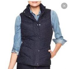 Gap Polka Dot Puffer Vest Size: L Condition: New With Tags Color Navy Pattern Polka Dot Retails $60 Details Vest Sleeveless Snap Button Closure Pet Friendly & Smoke Free Home I Do Not Hold Or Cancel Transactions Casual Polka Dot Outerwear For Spring, Polka Dot Vest, Denim Coat Women, Puffy Vest, Gap Jacket, Gap Jackets, Winter Coats Women, Puffer Vest, Vest Dress