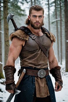 a man dressed up as a viking in the woods with two swords on his shoulder