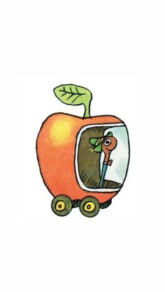 an apple with a person in it and a green leaf sticking out of the window