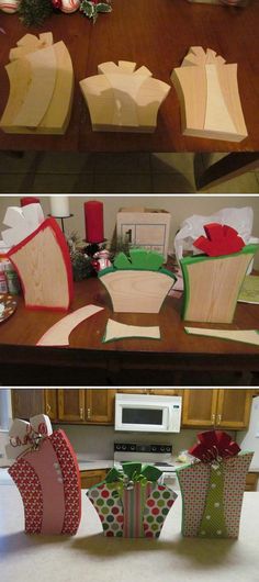 two pictures of boxes with bows and ribbons on them, one is made out of wood