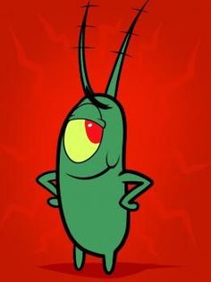 a cartoon character with an evil look on his face and arms, standing in front of a red background