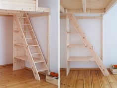 two pictures of a loft bed with stairs