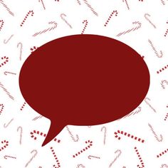 a red speech bubble with candy canes all around it on a white and red background