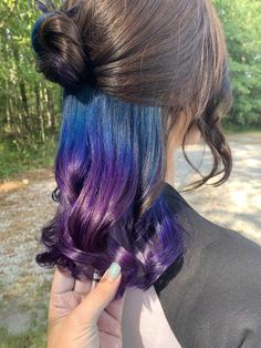 Blue Purple Peekaboo Hair, Half Died Under Hair Purple, Hair Ends Highlight, Behind Hair Dye, Natural Haircolour Dye, Medium Length Hair With Color, Blue And Purple Underneath Hair, Mermaid Hair Underneath, Pastel Peekaboo Highlights