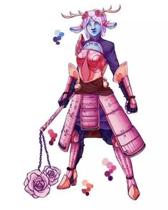 the character is dressed in pink and purple with horns on her head, holding a chain