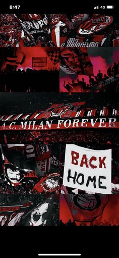 a red and black collage with the words back home written on it