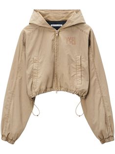 beige logo print at the chest front zip fastening classic hood drop shoulder two side welt pockets long sleeves elasticated cuffs cropped elasticated hem Airport Fashion, T By Alexander Wang, Short Jumpsuit, Light Wash Denim, Ski Wear, Zip Jacket, Crop Jacket, Active Wear Tops, Shoes Heels Boots