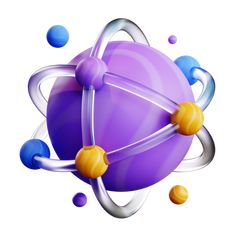 an image of a purple object with blue and yellow balls around it on a white background