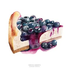 a piece of cheesecake with blueberries on top is shown in this watercolor painting