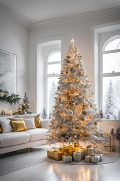 a white christmas tree in a living room with gold and silver ornaments on the branches