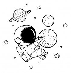 an astronaut floating in space with planets around