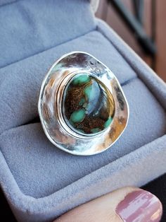 "The Dinosaur Egg Ring.  One of a kind sterling silver ring with natural turquoise set in the center of a shining silver \"nest\"" Turquoise Sterling Silver Ring With Bezel Setting, Unique Silver Turquoise Ring, Unique Silver Turquoise Gemstone Ring, Artisan Silver Turquoise Cabochon Ring, Artisan Silver Turquoise Ring, Silver Chrysoprase Round Rings, Artisan Silver Turquoise Gemstone Ring, Sterling Silver Turquoise Ring With Bezel Setting, Sterling Silver Turquoise Ring With Bezel Setting As Gift