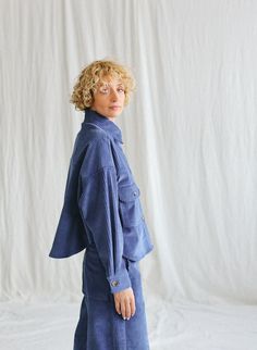 "We believe in handmade! Every piece is dedicated and made to the person who ordered it. About the shirt/jacket: Made from a soft six-wale cord fabric. Denim jacket-inspired design, elegant and feminine look. Perfect for everyday and special occasions. Styling tip: pair it with our matching wide wale cord vintage style wide-leg culottes: https://offon.etsy.com/listing/1654542648 *  Handmade in our studio  *  Oversized fit silhouette *  Large shirt collar *  Buttons placket *  Long sleeves with c Corduroy Workwear Shacket With Long Sleeves, Corduroy Long Sleeve Shacket For Work, Corduroy Shacket For Work With Long Sleeves, Relaxed Fit Corduroy Outerwear With Long Sleeves, Oversized Collared Cropped Jacket For Fall, Oversized Cotton Button-up Blazer, Oversized Blue Cotton Utility Jacket, Oversized Corduroy Button-up Shacket, Relaxed Fit Corduroy Collared Outerwear