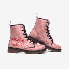 Strawberry Boots Strawberry Pink Vegan Leather Combat Boots Strawberries Pattern Pink Shoes Rubber sole Faux Leather Padded collar for added comfort Lace-up front Wide Fit PROCESSING : -Your Boots are made to order, meaning we print them special just for you when your order is placed. Please allow 4 - 7 business days for us to print your Boots. -The average shipping time is 7 - 20 business days depending on the delivery destination. Cute Leather Boots For Winter, Cute High-top Leather Boots, Cute Leather Winter Boots, Casual Pink Flat Heel Boots, Cute Leather Boots For Spring, Cute Leather Boots For Fall, Casual Pink Boots With Round Toe, Cute Pink Leather Boots, Cute Leather Closed Toe Boots