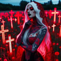 a woman with white hair and red makeup stands in a field of flowers, surrounded by crosses