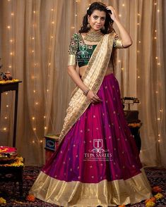 sampradaya - 091 Elegance Redefined ...... Available For orders/queries Call/ what’s app us on 8341382382 or Mail us tejasarees@yahoo.com… Trending Half Sarees, Teja Sarees, Half Saree Function, Haldi Outfits, Lehenga Saree Design, Half Saree Lehenga, Half Sarees, Saree Blouse Neck Designs, Indian Saree Blouses Designs