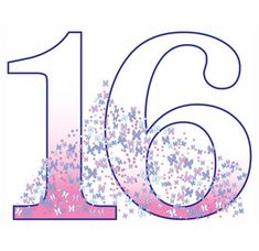 the number sixteen is surrounded by pink and blue flowers on a white background with purple stars